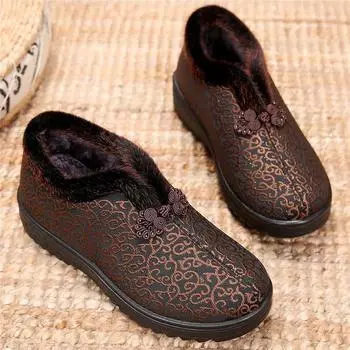 Зимняя женская хлопковая обувь тканевая женская пожилая утолщенная теплая обувь для мам ретро плоская нескользящая обувь для бабушек из хлопка 35 темно-коричневого