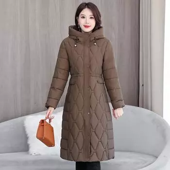 Зимняя женская хлопковая одежда с капюшоном, женские длинные приталенные куртки с хлопковым утеплителем до колена, теплая пуховая хлопковая одежда, женские куртки L хаки