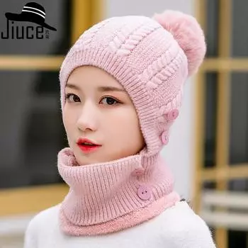 Зимняя женская интегрированная термошапка вязаный шарф маска цельная шапка для езды на велосипеде плюшевая шерстяная шапка розовый