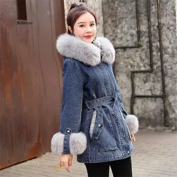 Зимняя женская кашемировая толстая джинсовая куртка из ягненка, свободное теплое пальто, повседневное корейское женское джинсовое пальто с капюшоном, топы