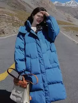 Зимняя женская корейская свободная утолщенная куртка до колена средней длины с капюшоном M хаки