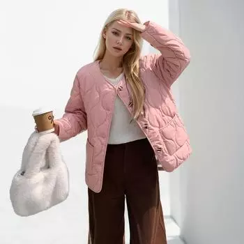 Зимняя женская корейская версия без воротника ромб женская маленькая свободная и легкая теплая куртка из овечьей шерсти куртка S хаки