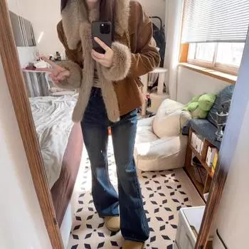 Зимняя женская короткая куртка Mao Mao 2024 года, популярная повседневная куртка с воротником-лацканом из искусственной лисьей шерсти S