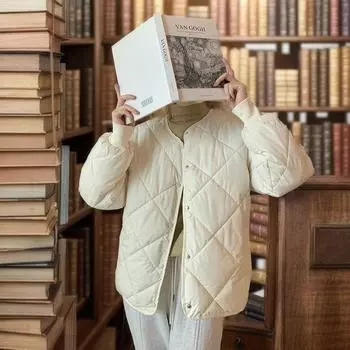 Зимняя женская куртка 2024 года, женская однобортная куртка с круглым вырезом и ромбовидным узором из хлопка, женские пальто чистого цвета S белый