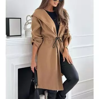 Зимняя женская куртка больших размеров с завязками, новая осенняя повседневная шерстяная куртка с длинным рукавом, женская верхняя одежда, модные однотонные теплые свободные куртки, пальто 24996 S чёрный