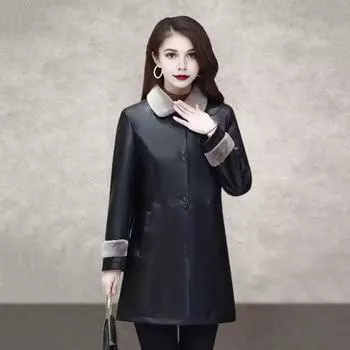 Зимняя женская куртка из гладкой искусственной кожи с меховым отложным воротником, большие размеры, ветрозащитная верхняя одежда, длинные рукава, однобортная модель, средняя длина, карманы, утолщенная XL чёрный