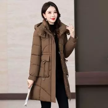 Зимняя женская куртка из хлопка средней и длинной длины, утолщенная теплая повседневная куртка-парка с воротником-стойкой и капюшоном, однотонная теплая куртка из хлопка M красный