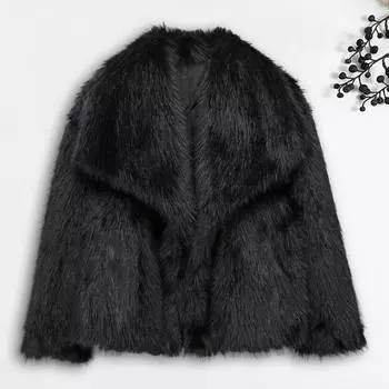 Зимняя женская куртка из искусственного меха лисы с отложным воротником, уютная куртка, однотонная XS чёрный
