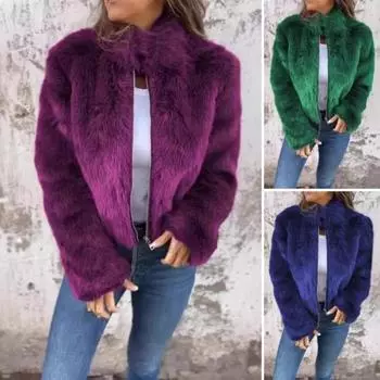 Зимняя женская куртка из искусственного меха лисы с высоким воротником, уютная куртка на молнии, однотонная S синий