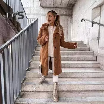 Зимняя женская куртка из толстого флиса с отложным воротником, длинными рукавами, застежкой на пуговицы, однотонная, средней длины, сохраняющая тепло, уличное пальто M коричневый