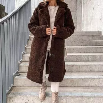 Зимняя женская куртка из толстого флиса с отложным воротником, длинными рукавами, застежкой на пуговицы, однотонная, средней длины, сохраняющая тепло M хаки