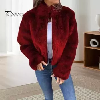 Зимняя женская куртка из толстого искусственного меха, сохраняющая тепло, с высоким воротником, однотонная, с длинными рукавами, для дома, вечеринки, офиса, клуба, отпуска S темно-коричневого