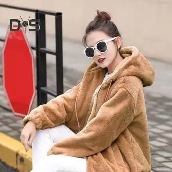 Зимняя женская куртка из толстого плюша с искусственным мехом кролика средней длины с капюшоном и карманами, длинные рукава, ветрозащитный кардиган на молнии XXL чёрный