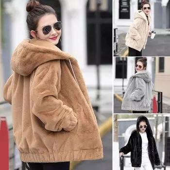 Зимняя женская куртка из толстого плюша с искусственным мехом кролика средней длины с капюшоном M чёрный