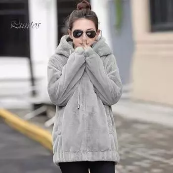 Зимняя женская куртка из толстого плюша с искусственным мехом кролика средней длины с капюшоном и карманами, длинные рукава, ветрозащитный кардиган на молнии XXL чёрный