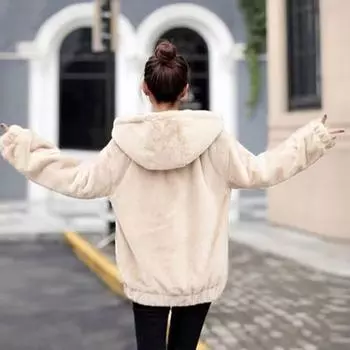Зимняя женская куртка из толстого плюша с искусственным мехом кролика средней длины с капюшоном и карманами, длинные рукава, ветрозащитный кардиган на молнии M абрикосовый