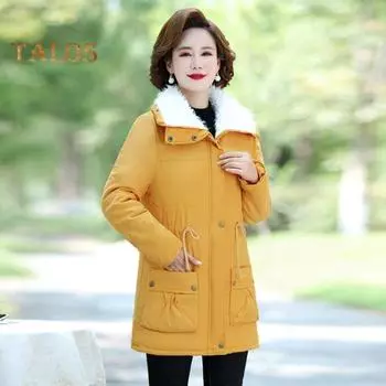 Зимняя женская куртка из утолщенного плюша с отложным воротником, длинными рукавами, эластичным поясом, карманами, застежкой-молнией, пальто средней длины, ветрозащитное теплое пальто S хаки