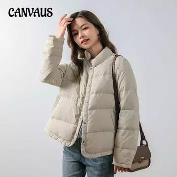 Зимняя женская куртка на утином пуху плотностью 90 г, однотонная, с воротником-стойкой и пуговицами M бежевый