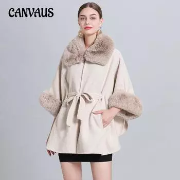 Зимняя женская куртка-накидка с шалью, меховой воротник, кружевной кардиган средней длины, большие размеры, твидовый пиджак с рукавами семь точек One Size розовый