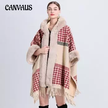 Зимняя женская куртка-накидка с шалью, свободная клетчатая подкладка с утолщенным меховым воротником, вязаная твидовая куртка-шаль с семиточечным рукавом и шляпой One Size
