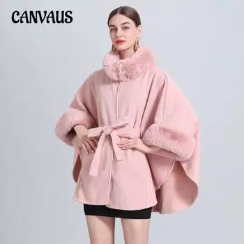 Зимняя женская куртка-накидка с шалью, вязаная кружевная куртка с семиточечными рукавами и меховым воротником, твидовая куртка, кардиган большого размера One Size серый