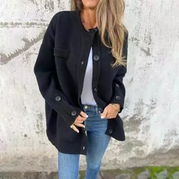 Зимняя женская куртка однобортная средней длины, плотная однотонная верхняя одежда с длинными рукавами, кардиган с круглым вырезом и круглым вырезом, повседневная куртка L чёрный