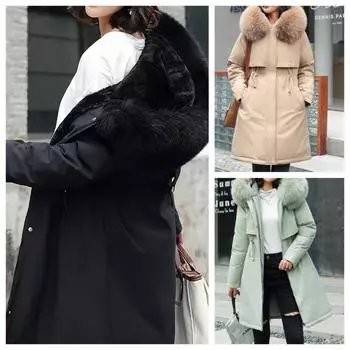 Зимняя женская куртка парка одежда шерстяная подкладка меховой воротник теплое свободное длинное пальто с капюшоном куртка теплая толстая зимняя одежда утепленная парка M хаки