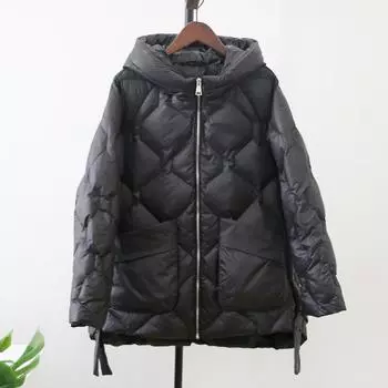 Зимняя женская куртка-пуховик на утином пуху с капюшоном на молнии, куртка-пуховик, повседневная свободная однотонная легкая верхняя одежда на пуху XL чёрный