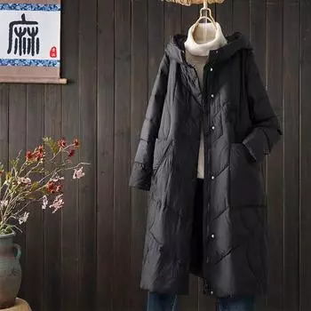 Зимняя женская куртка-пуховик с капюшоном, средняя и длинная, 2024 г., в китайском стиле, этническая, свободная, утолщенная, белая, теплая куртка на утином пуху M темно-коричневого