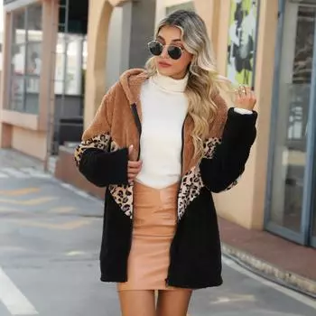 Зимняя женская куртка с длинными рукавами и капюшоном с леопардовым принтом на молнии с цветными блоками, средней и длинной длины, из двухстороннего бархата S