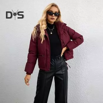 Зимняя женская куртка с длинными рукавами, карманами на молнии, отложным воротником, застежкой-молнией, утолщенным однотонным ветрозащитным теплым пальто M вино красного