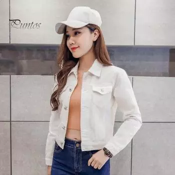 Зимняя женская куртка с длинными рукавами, отложным воротником, нагрудными карманами, застежкой на пуговицы, пальто короткого типа, повседневная уличная одежда, джинсовые пальто M белый