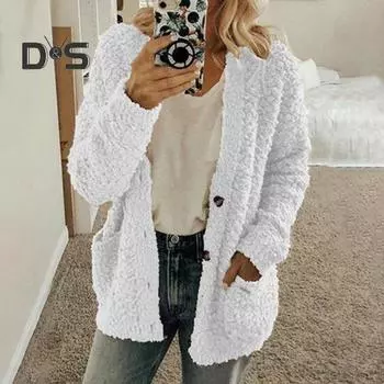 Зимняя женская куртка с двойными карманами, плотный флисовый однобортный кардиган с длинными рукавами, теплое ветрозащитное, сохраняющее тепло уличное пальто M белый