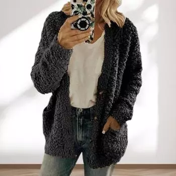 Зимняя женская куртка с двойными карманами, плотный флисовый однобортный кардиган с длинными рукавами M красный