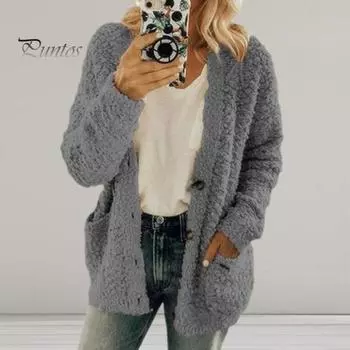 Зимняя женская куртка с двойными карманами, плотный флисовый однобортный кардиган с длинными рукавами, теплое ветрозащитное, сохраняющее тепло уличное пальто M чёрный