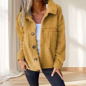 Зимняя женская куртка с двойными карманами, толстый флис, застежка на пуговицы, кардиган с длинными рукавами M жёлтый