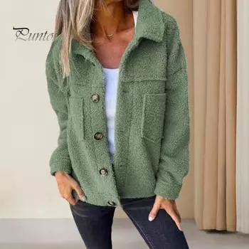 Зимняя женская куртка с двойными карманами, толстый флисовый кардиган с застежкой на пуговицы, длинные рукава, теплое ветрозащитное, сохраняющее тепло пальто для активного отдыха M жёлтый