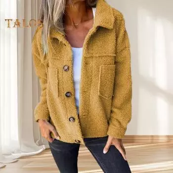 Зимняя женская куртка с двойными карманами, толстый флисовый кардиган с застежкой на пуговицы, длинные рукава, теплое ветрозащитное, сохраняющее тепло пальто для активного отдыха M жёлтый