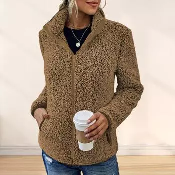 Зимняя женская куртка с двойными карманами, толстый флис, застежка-молния, кардиган, длинный S хаки