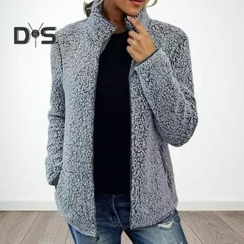 Зимняя женская куртка с двойными карманами, толстый флисовый кардиган на молнии с длинными рукавами, теплое ветрозащитное удерживающее тепло уличное пальто S хаки