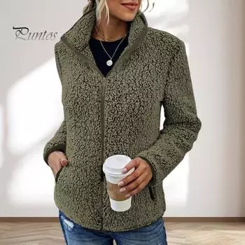 Зимняя женская куртка с двойными карманами, толстый флисовый кардиган на молнии с длинными рукавами, теплое ветрозащитное удерживающее тепло уличное пальто S хаки