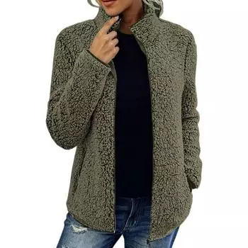 Зимняя женская куртка с двойными карманами, толстый флисовый кардиган на молнии с длинными рукавами, теплое ветрозащитное удерживающее тепло уличное пальто S хаки