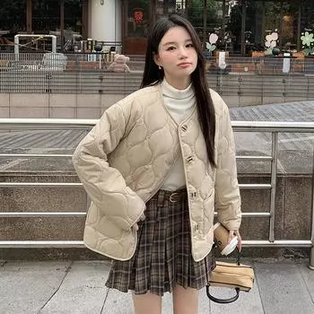 Зимняя женская куртка с хлопковой подкладкой без воротника с ромбами, женская маленькая свободная и легкая теплая куртка с хлопковой подкладкой, куртка из овечьей шерсти S чёрный