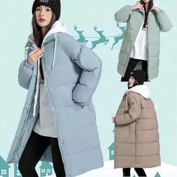 Зимняя женская куртка с капюшоном, длинная парка, пуховое хлопковое пальто, толстый теплый свободный пуховик, женская зимняя верхняя одежда, пальто для женщин M чёрный