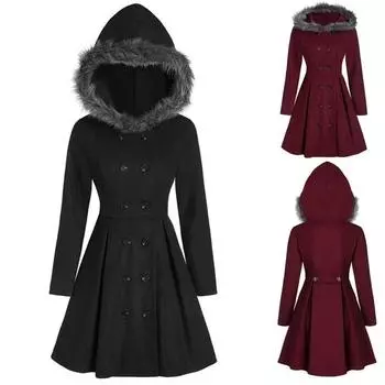 Зимняя женская куртка с капюшоном, меховое тонкое двубортное пальто миди M чёрный