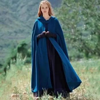 Зимняя женская куртка с капюшоном, средневековая ретро-накидка, готическая, сохраняющая тепло, шаль, длина до щиколотки, свободный плащ, плотный, застежка на одну пуговицу S синий