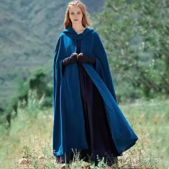 Зимняя женская куртка с капюшоном, средневековая ретро-накидка, готическая, сохраняющая тепло, шаль, длиной до щиколотки, свободный плащ, плотный, застегивающийся на одну пуговицу, уличное пончо S синий