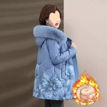 Зимняя женская куртка с капюшоном, женская одежда среднего возраста, длинные теплые парки, женское пальто с принтом, утолщенная хлопковая куртка с подкладкой XXL синий