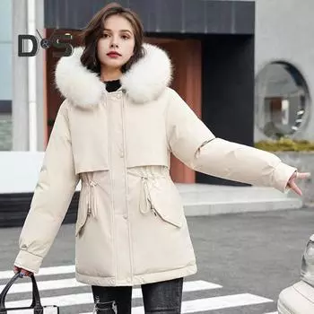 Зимняя женская куртка с меховым капюшоном, длинными рукавами, затягивающимся шнурком, карманами на талии, застежкой на молнию и пуговицы, ветровка средней длины, однотонное ветрозащитное теплое пальто M кофейный