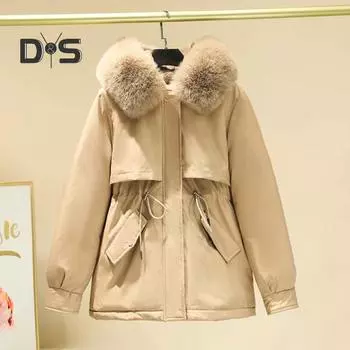 Зимняя женская куртка с меховым капюшоном, длинными рукавами, утепленным шнурком на талии, карманами, хлопковым пальто, застежкой-молнией, средней длины, однотонное ветрозащитное теплое пальто M кофейный